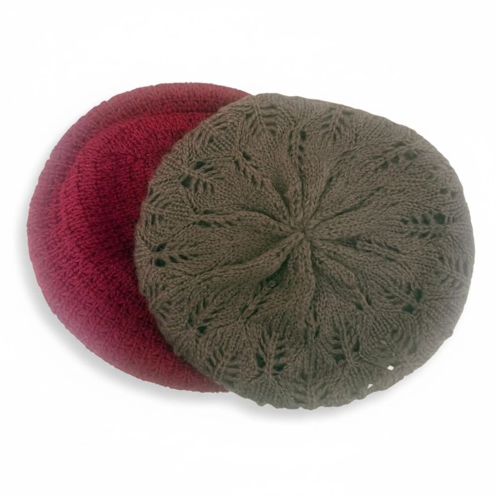 2 Knit Winter Hats / Berets Bundle | Burgundy, Mauve & Taupe
